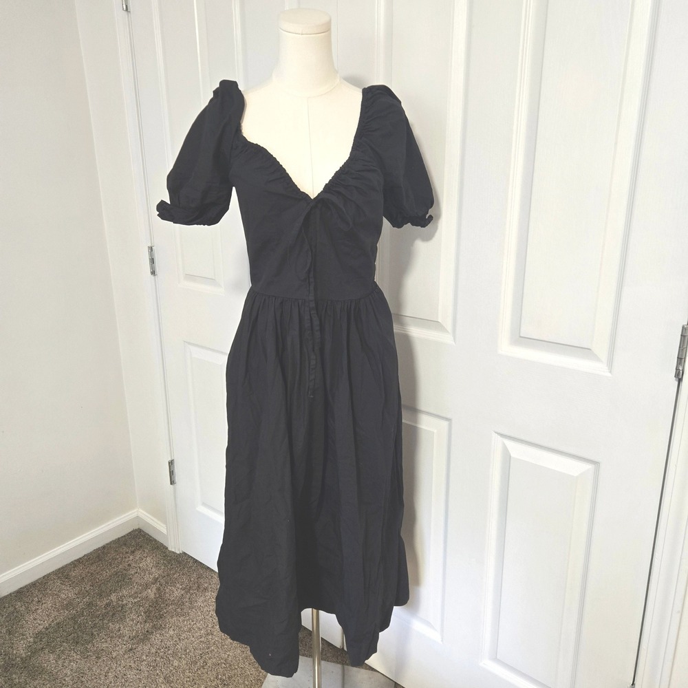 Quince Midi Dress Women Small Black Organic Cotton Puff Sleeve Smocked Tie Front